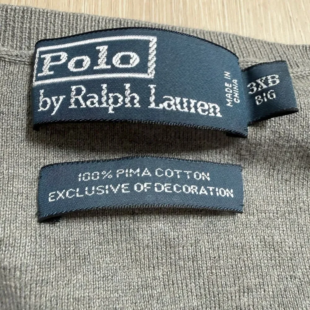Polo Ralph Lauren 3XB Big Men Gray Pima Cotton V-Neck Sweater Vest Preppy Golf